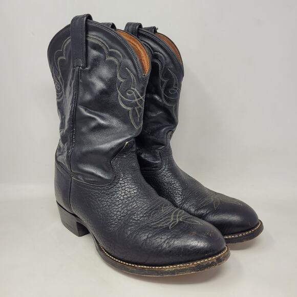 Vintage Tony Lama Boots Mens Black Leather Western Cowboy